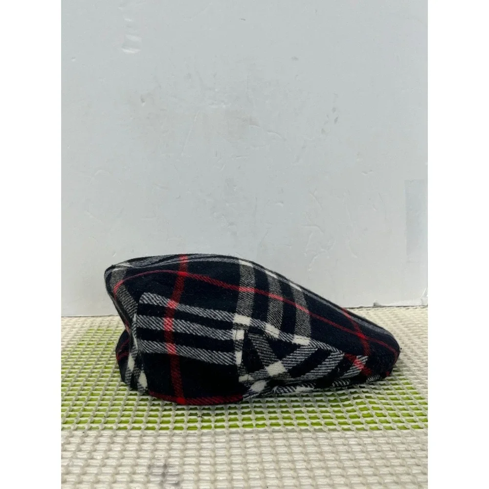 Burberry Plaid Wool Blend Flat Cap Navy Red White Prorsum Knight Logo Size 56